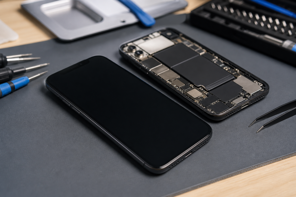 Phone data recovery assessment on repair bench